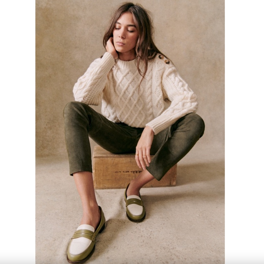 Sezane Cream Cable Knit Crewneck Sweater